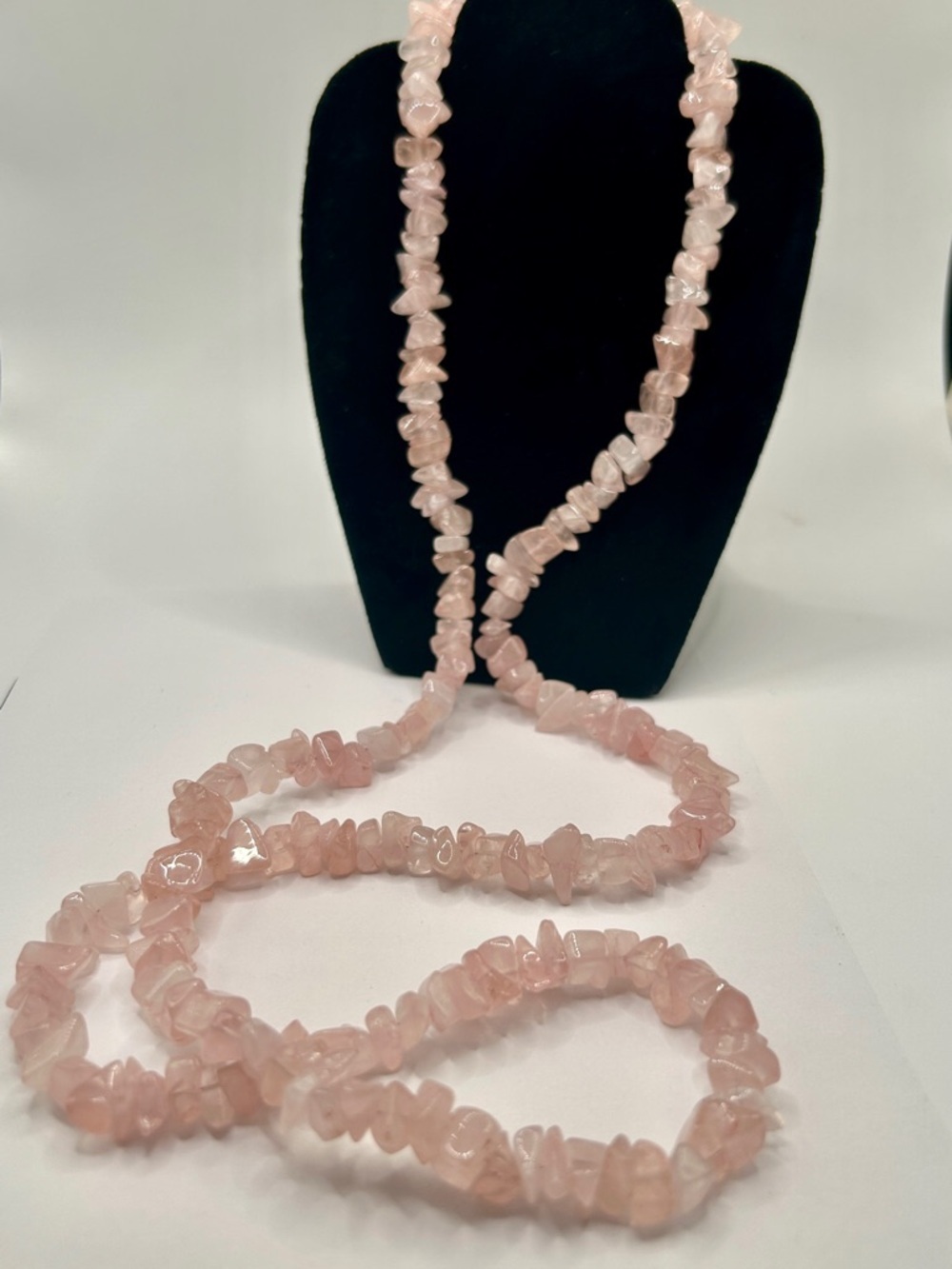 Vintage Pink Rose Quartz stone Necklace 34” Unisex Jewelry - Picture 1 of 14